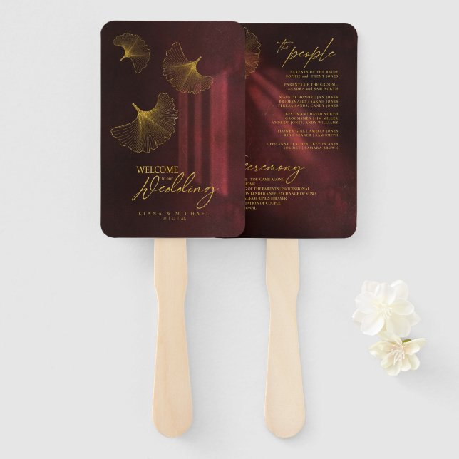 Moonlight Romance Wedding Program Burgundy ID881 Hand Fan (Front and Back)
