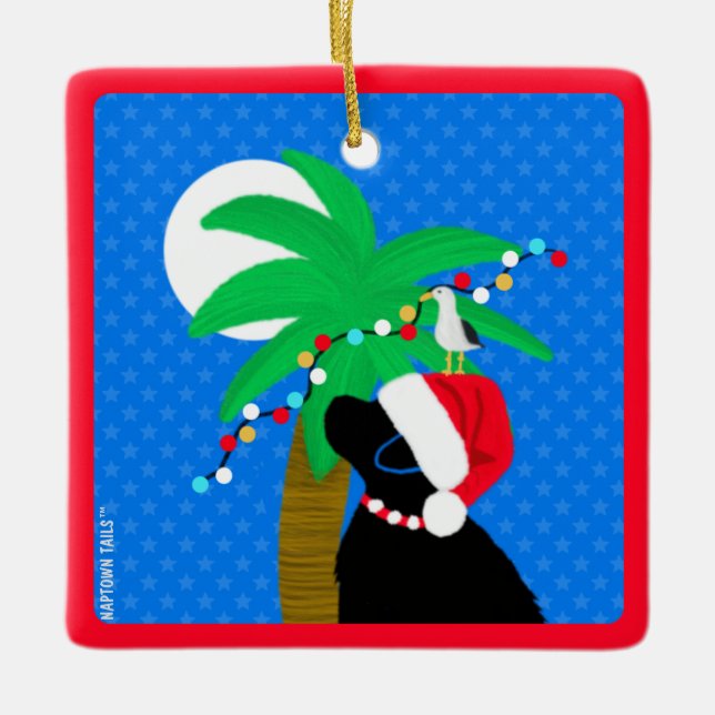 Moonlight Santa Black Dog Trimming Palm Tree Ceramic Ornament (Front)