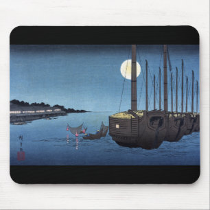 Moonlight Scene on a River With Boats, Hiroshige Mouse Mat
