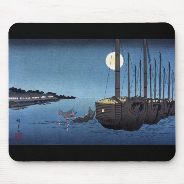 Moonlight Scene on a River With Boats, Hiroshige Mouse Mat (Front)