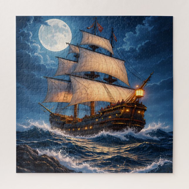 Moonlight Ship Puzzle – Ocean Night Jigsaw (Vertical)