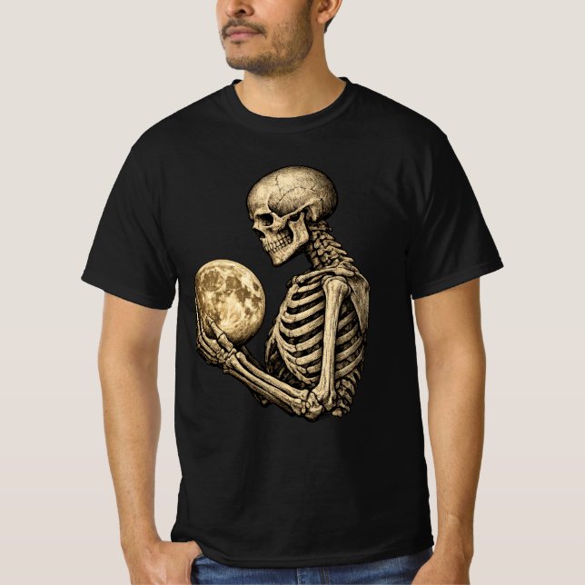 Moonlight Skeleton Holding Full Moon Gothic  T-Shirt (Front)