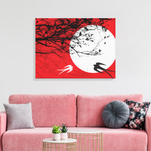 Moonlight Swallows Silhouette Red Wrapped Canvas