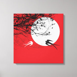 Moonlight Swallows Silhouette Red Wrapped Canvas