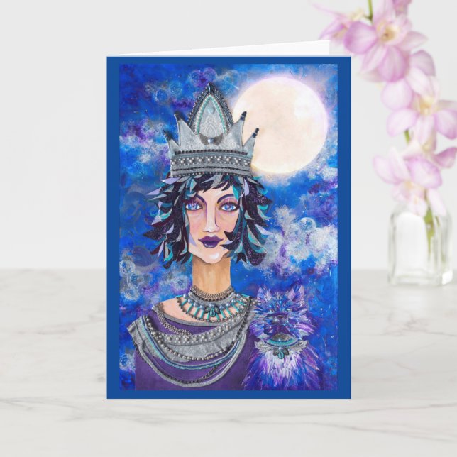 Moonlight Viking Queen Feline Familiar Blank Card (Orchid)