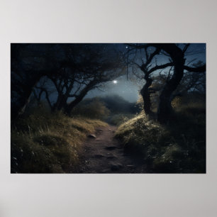 Moonlight walk on winding path through woods poster