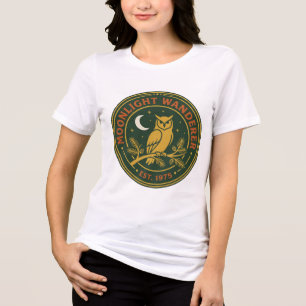 Moonlight Wanderer Vintage Owl Pine Branch Badge Tri-Blend Shirt