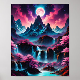 Moonlight Waterfalls Fantasy Landsca Poster