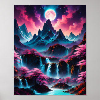 Moonlight Waterfalls Fantasy Landsca Poster