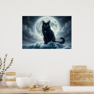 Moonlight Wave & Black Cat Poster