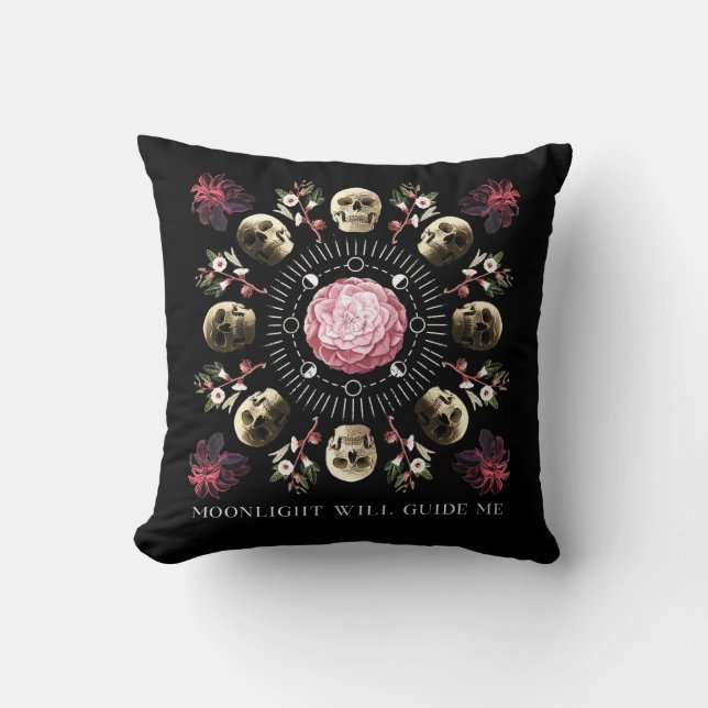 Moonlight Will Guide Me Skulls and Flowers Cushion (Front)