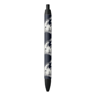 Moonlight Winter Wolf Pine Tree Forest Black Ink Pen