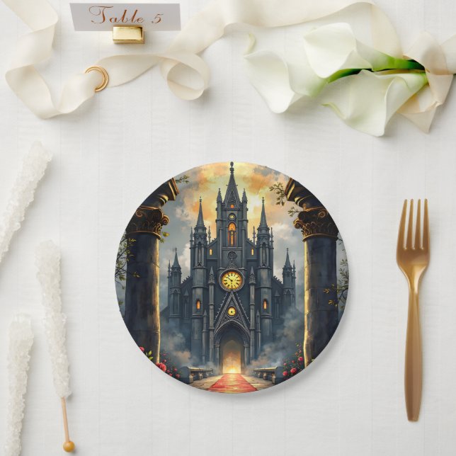 Moonlit Aisle of Eternal Vows –Gothic Wedding Gate Paper Plate (Wedding)