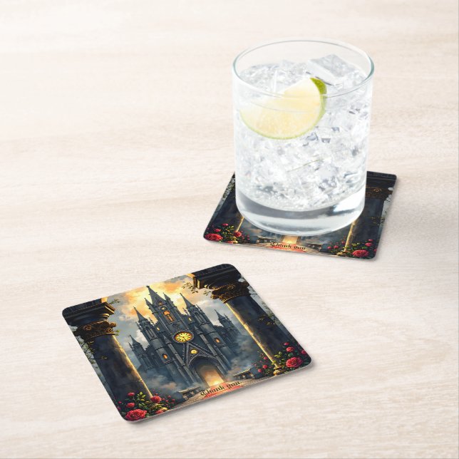 Moonlit Aisle of Eternal Vows –Gothic Wedding Gate Square Paper Coaster (Insitu)