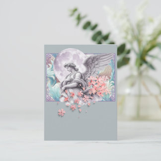 Moonlit Angel — Moon & pink blossoms, muted palett Holiday Postcard