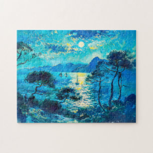 Moonlit Bay with Boats Impressionist Nocturne Jigsaw Puzzle