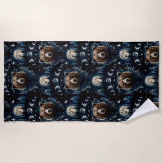 Moonlit Bear Watercolor Pattern | Celestial Forest Beach Towel