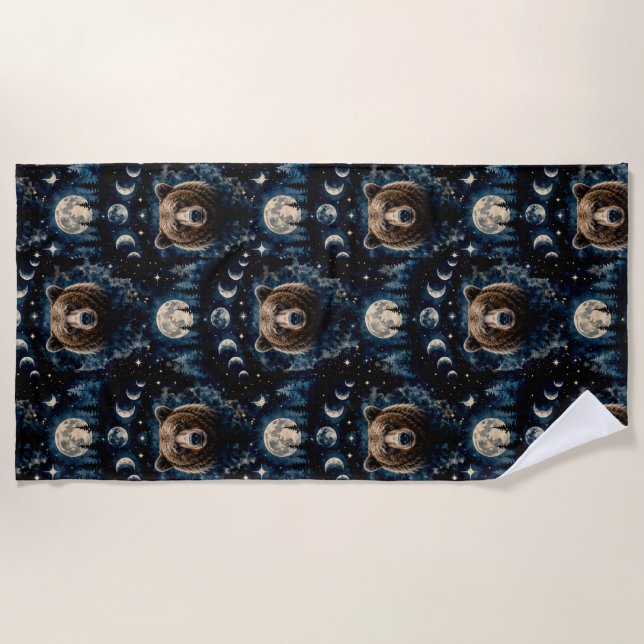Moonlit Bear Watercolor Pattern | Celestial Forest Beach Towel (Front)