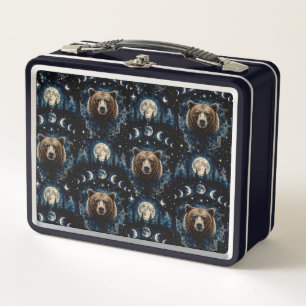 Moonlit Bear Watercolor Pattern Celestial Forest Metal Lunch Box