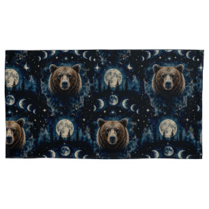 Moonlit Bear Watercolor Pattern Celestial Forest Pillowcase