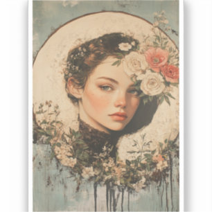 Moonlit Beauty - Woman with Flower and Full Moon