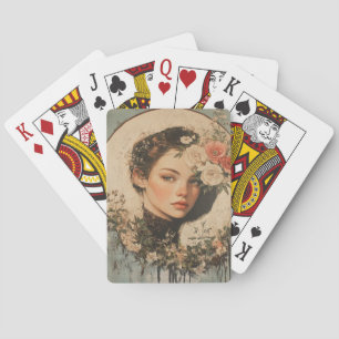 Moonlit Beauty - Woman with Flower and Full Moon Playing Cards