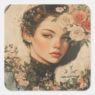 Moonlit Beauty - Woman with Flower and Full Moon Square Sticker