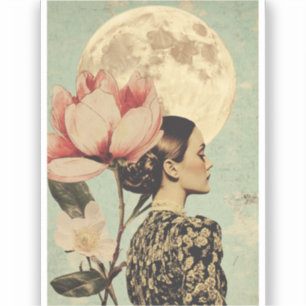 Moonlit Beauty – Woman with Pink Flower and Moon