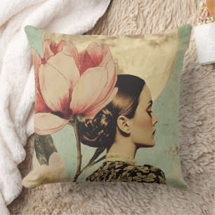 Moonlit Beauty – Woman with Pink Flower and Moon Cushion