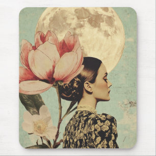 Moonlit Beauty – Woman with Pink Flower and Moon Mouse Mat