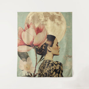 Moonlit Beauty – Woman with Pink Flower and Moon Tapestry