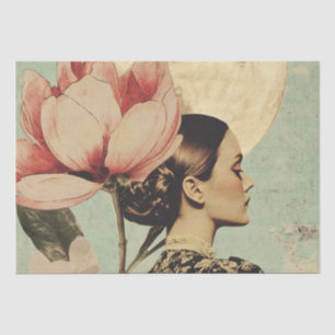 Moonlit Beauty – Woman with Pink Flower and Moon Tissue Paper