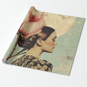 Moonlit Beauty – Woman with Pink Flower and Moon Wrapping Paper