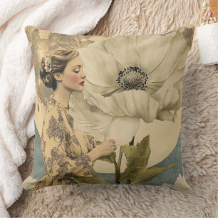 Moonlit Beauty – Woman with White Flower and Moon Cushion