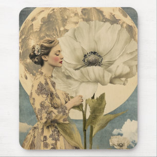 Moonlit Beauty – Woman with White Flower and Moon Mouse Mat