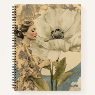 Moonlit Beauty – Woman with White Flower and Moon Notebook