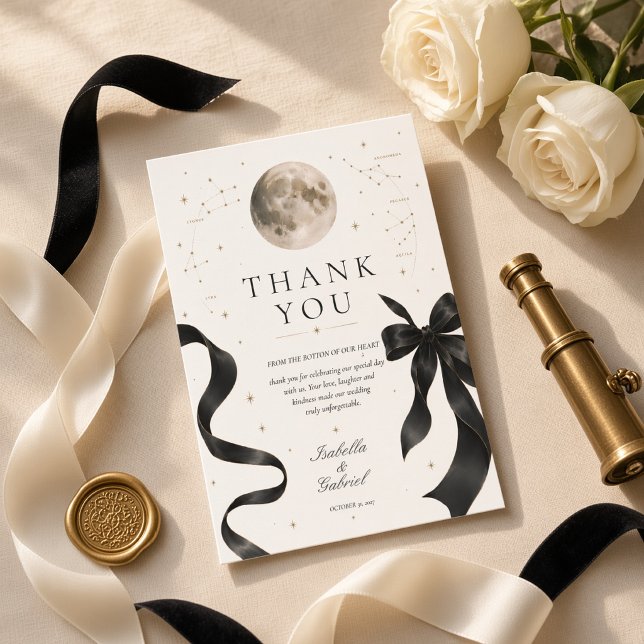 Moonlit Black Bow Celestial Wedding  Thank You Card (Creator Uploaded)