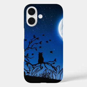 Moonlit Black Cat on Tree Silhouette iPhone 16 Case