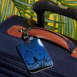 Moonlit Black Cat on Tree Silhouette Luggage Tag