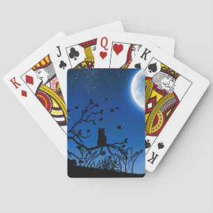 Moonlit Black Cat on Tree Silhouette Playing Cards