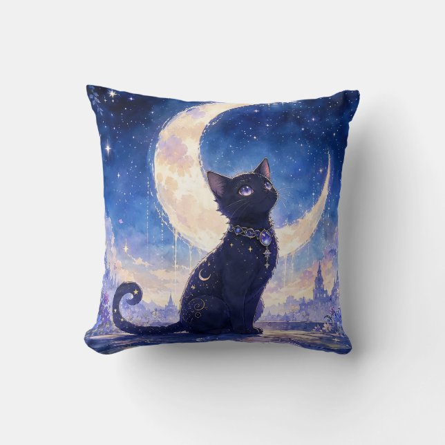 Moonlit Black Cat Throw Pillow (Front)
