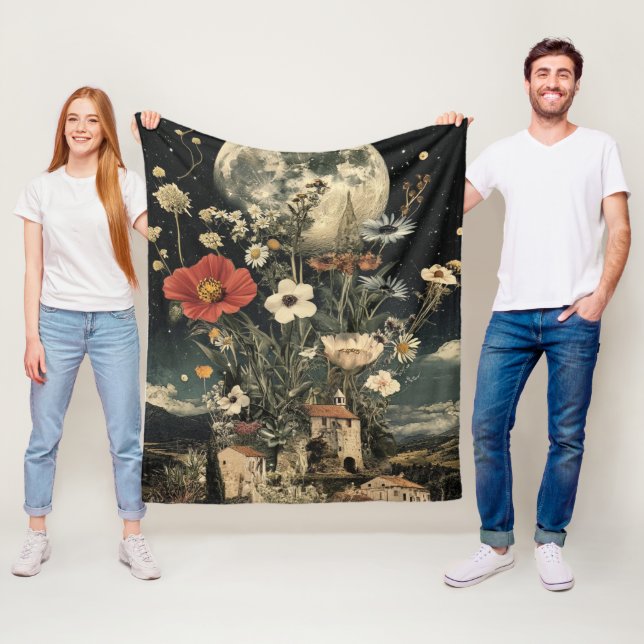 Moonlit Blooms Over Rustic Charm Fleece Blanket (In Situ)