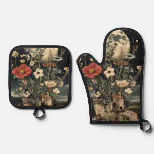 Moonlit Blooms Over Rustic Charm Oven Mitt & Pot Holder Set