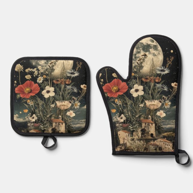 Moonlit Blooms Over Rustic Charm Oven Mitt & Pot Holder Set (Front)
