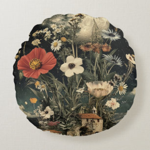 Moonlit Blooms Over Rustic Charm Round Cushion