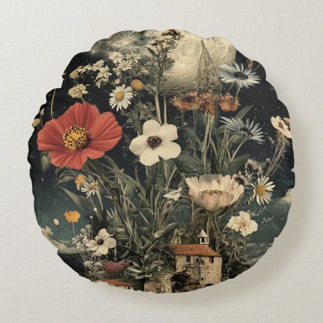 Moonlit Blooms Over Rustic Charm Round Cushion (Front)