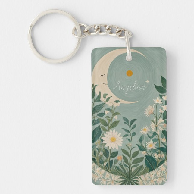 Moonlit Blooms: Pastel Floral and Crescent Moon Key Ring (Front)