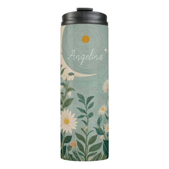 Moonlit Blooms: Pastel Floral and Crescent Moon Thermal Tumbler (Front)