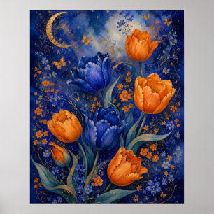 MOONLIT BLUE AMBER TULIP GARDEN POSTER