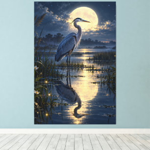 Moonlit Blue Heron Wetland Fireflies Night Scene Canvas Print